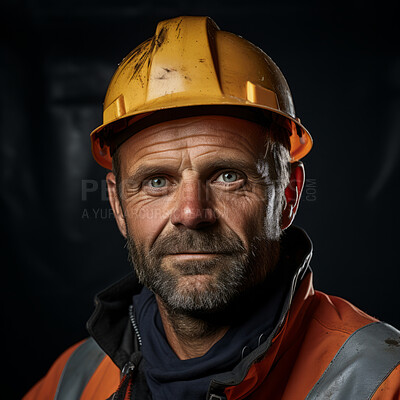 Buy stock photo Close-up studio portrait of construction worker against black backdrop.