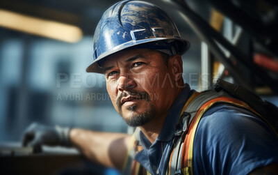 Buy stock photo Candid shot of worker on construction site. Natural, serious, expression.