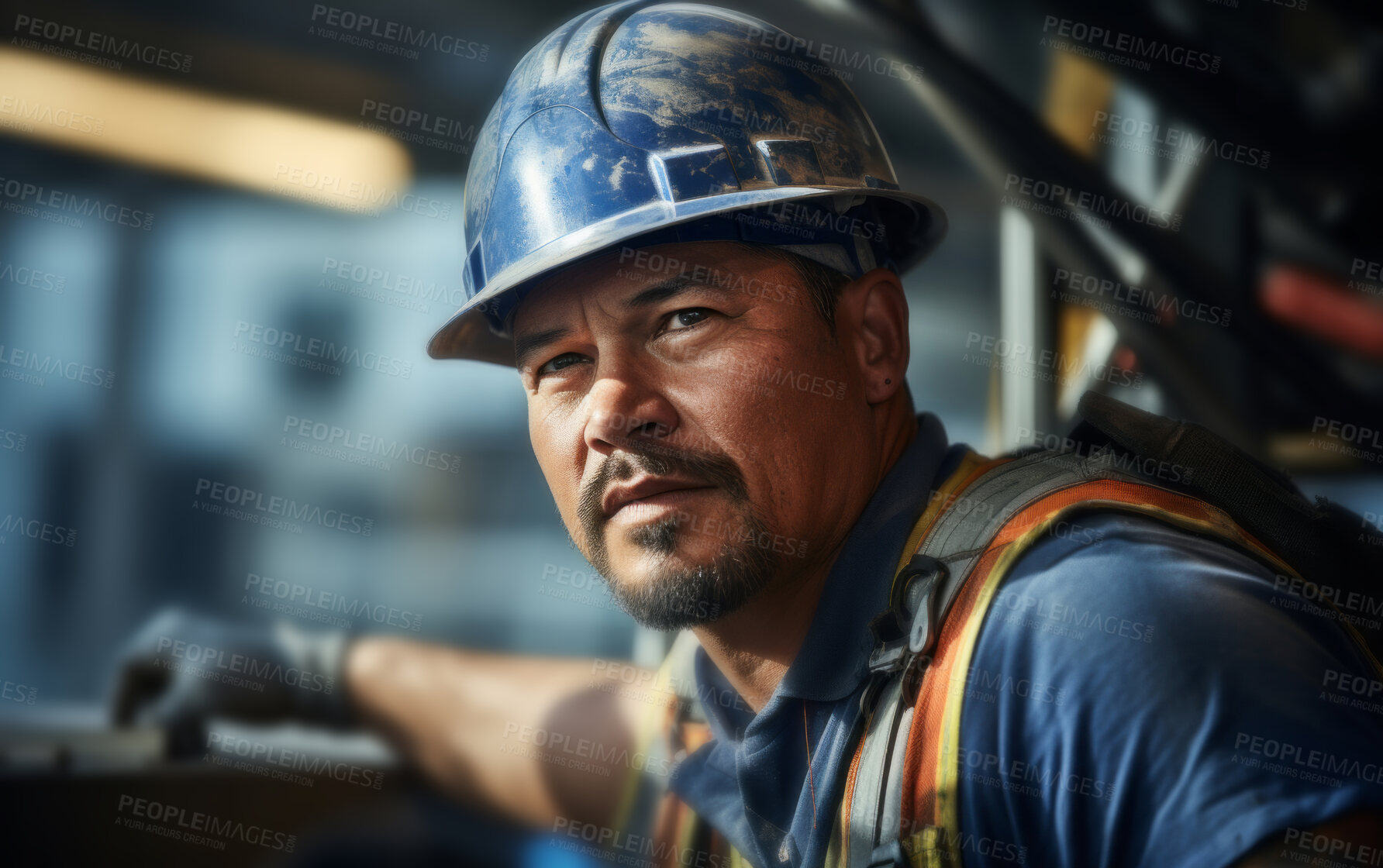 Buy stock photo Candid shot of worker on construction site. Natural, serious, expression.