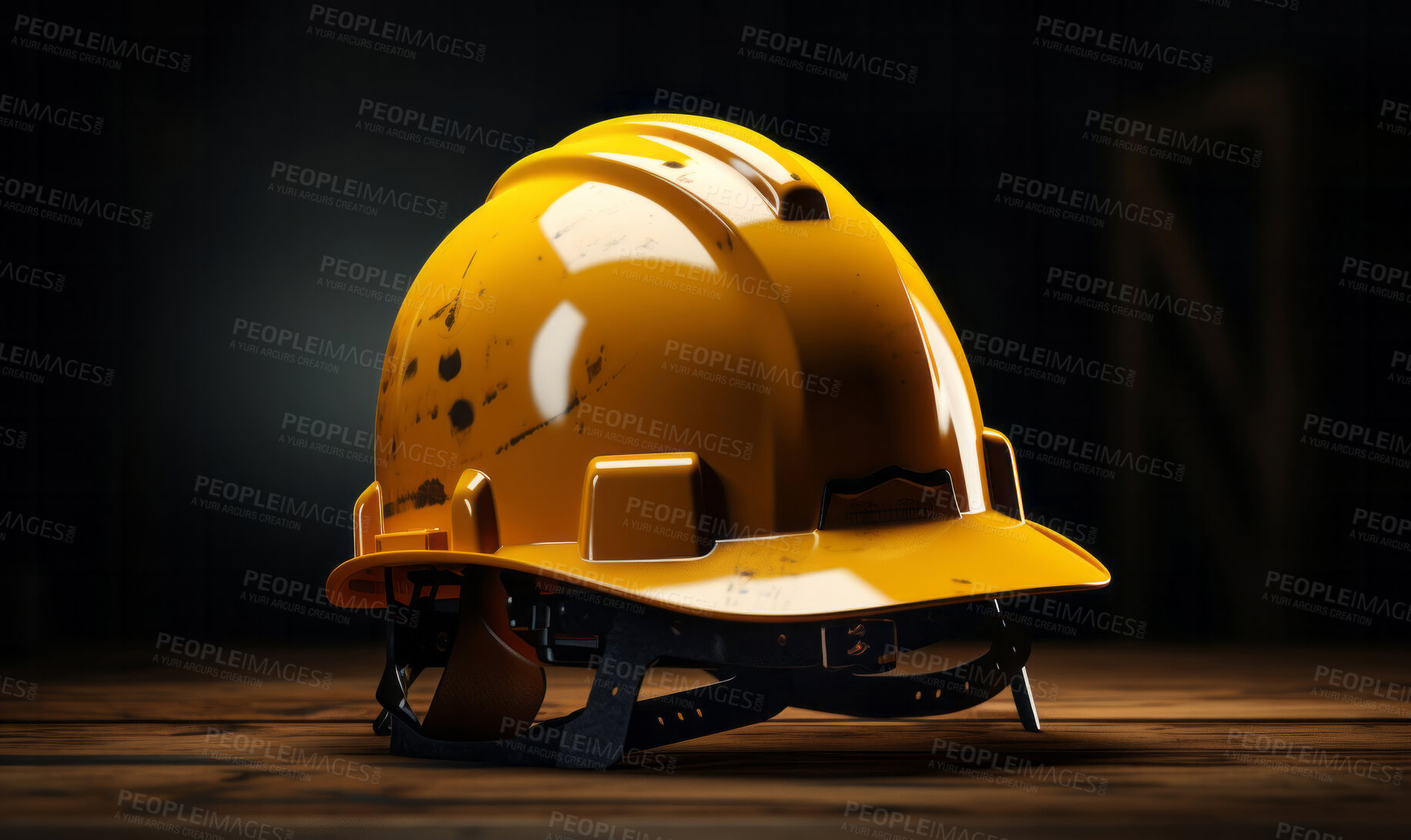 Buy stock photo Construction hard hat on table. Clear dark background. Safety concept.