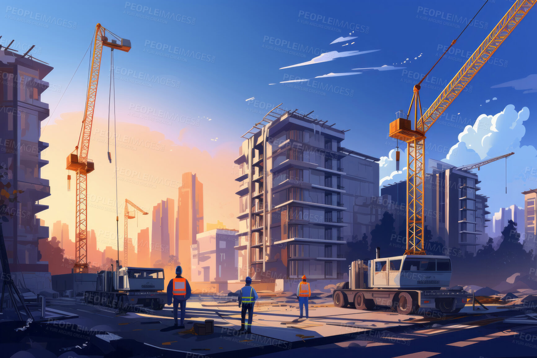 Buy stock photo Illustration of busy work on construction site. Construction concept.