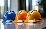 Multicolour construction hard hats stacked on table. Safety at work concept.