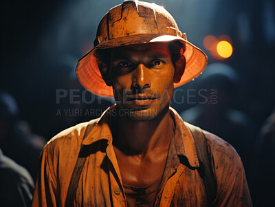 Portrait of construction, worker on dark site. Mine worker, dirty orange uniform.