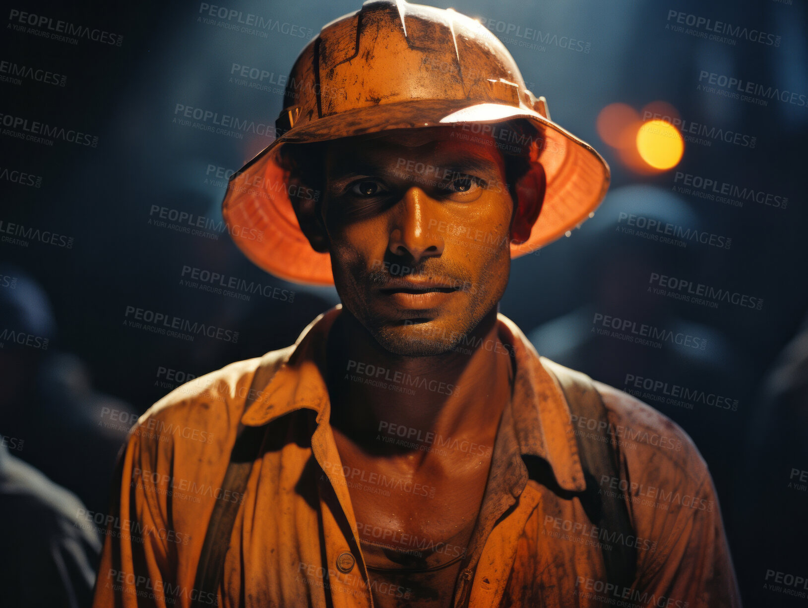 Buy stock photo Portrait of construction, worker on dark site. Mine worker, dirty orange uniform.