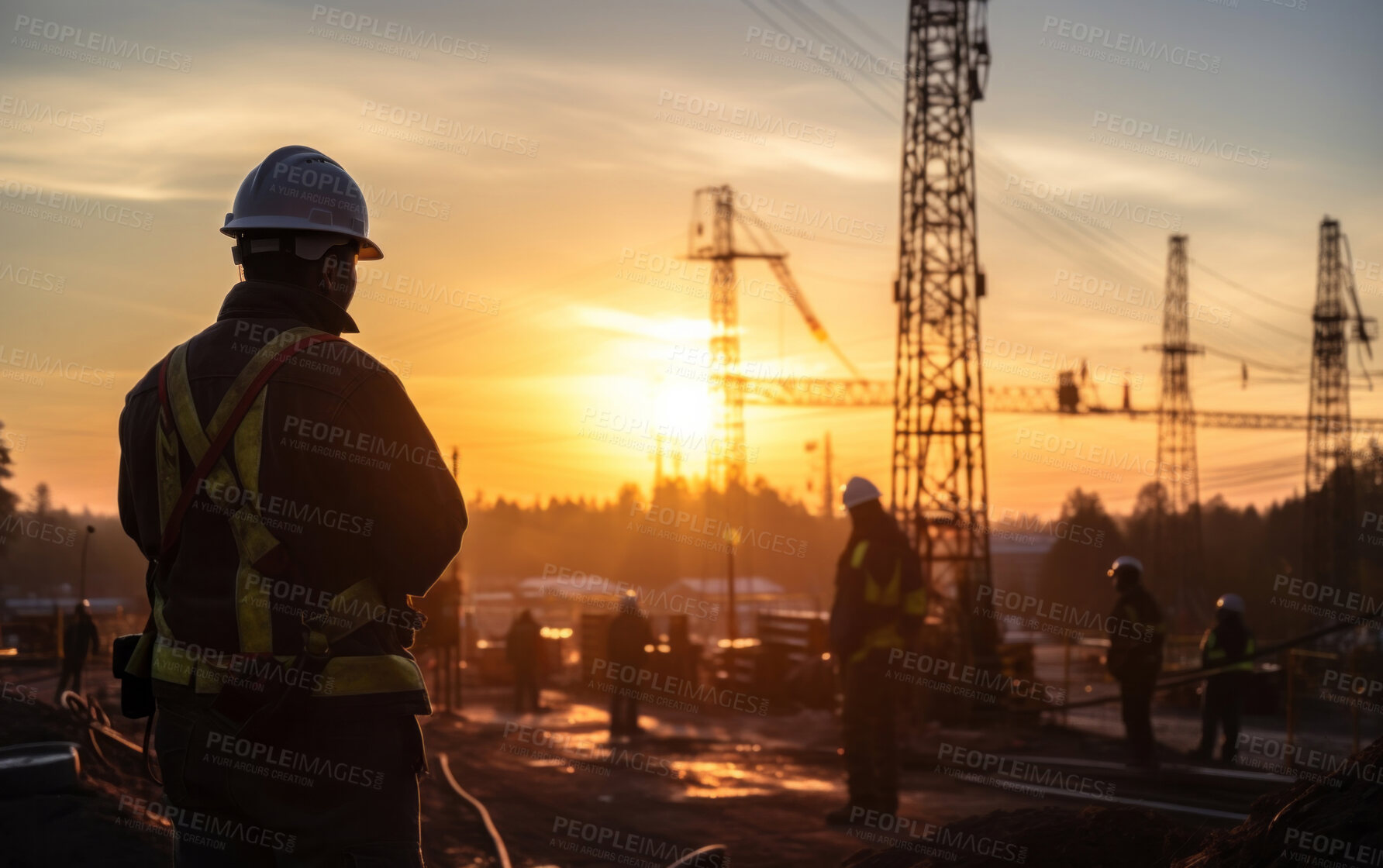 Buy stock photo Silhouette of engineer on roof at construction site at sunset. Golden hour concept.