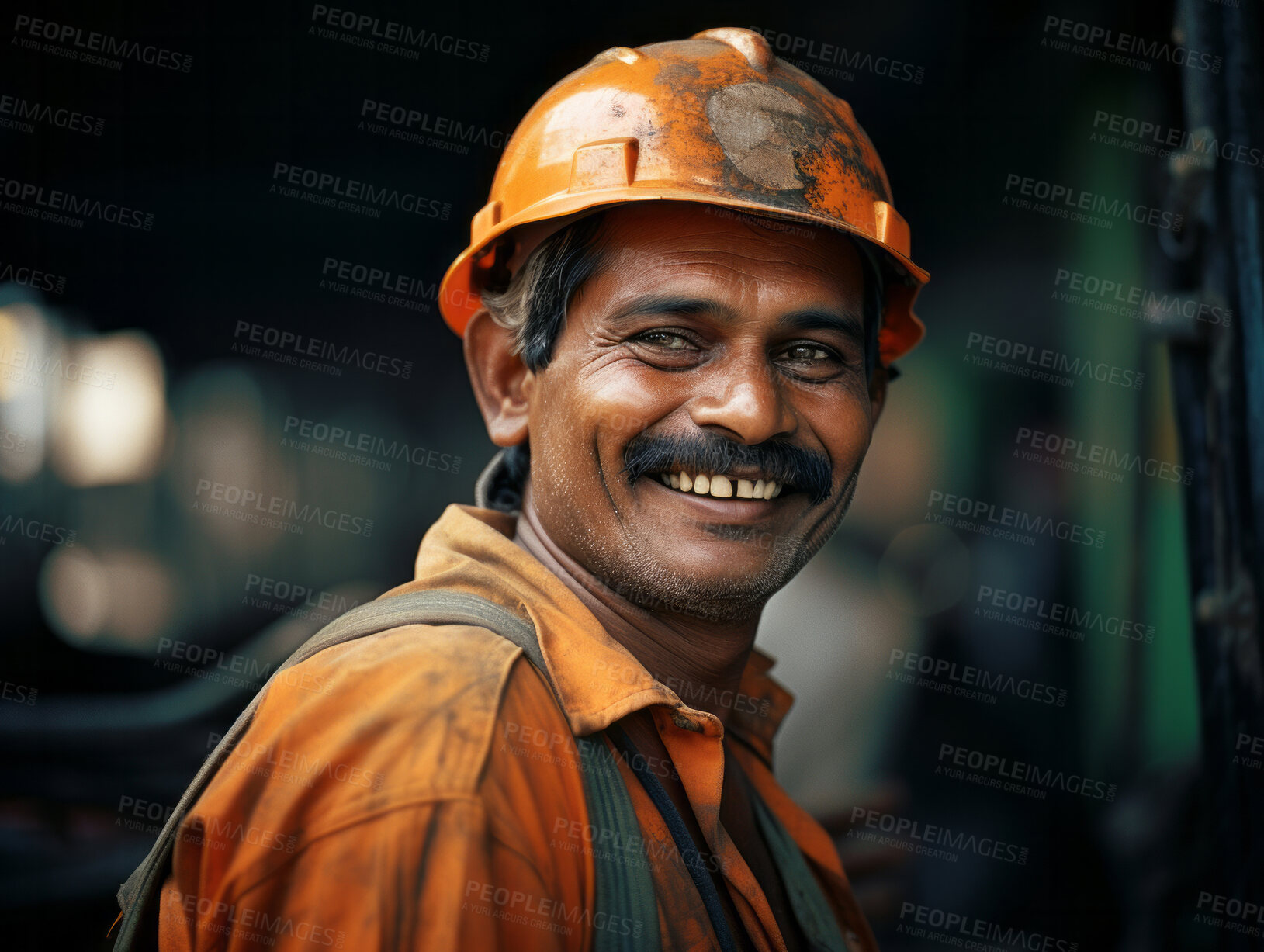 Buy stock photo Happy Indian construction site worker looking at camera smiling. Construction concept.