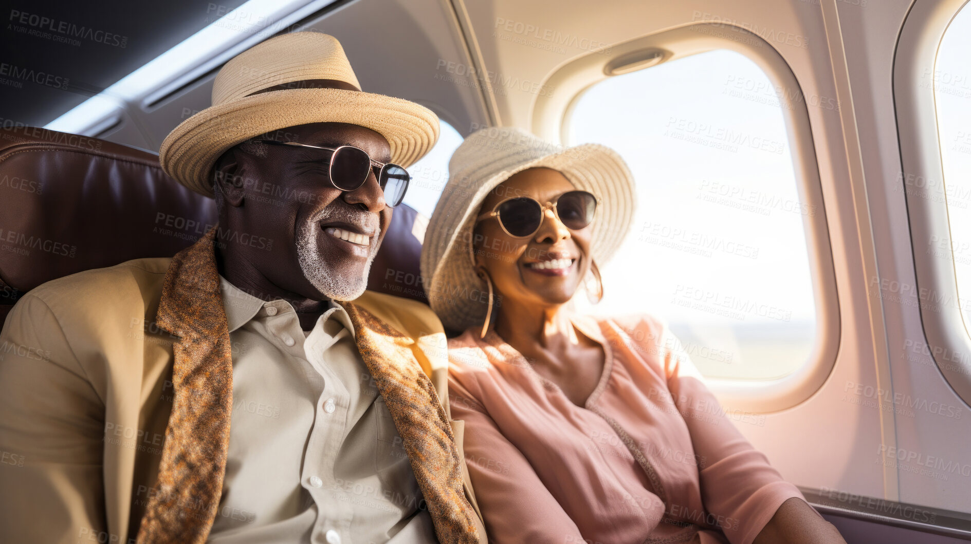 Buy stock photo Mature couple on first class private jet. Luxury vacation travel concept.