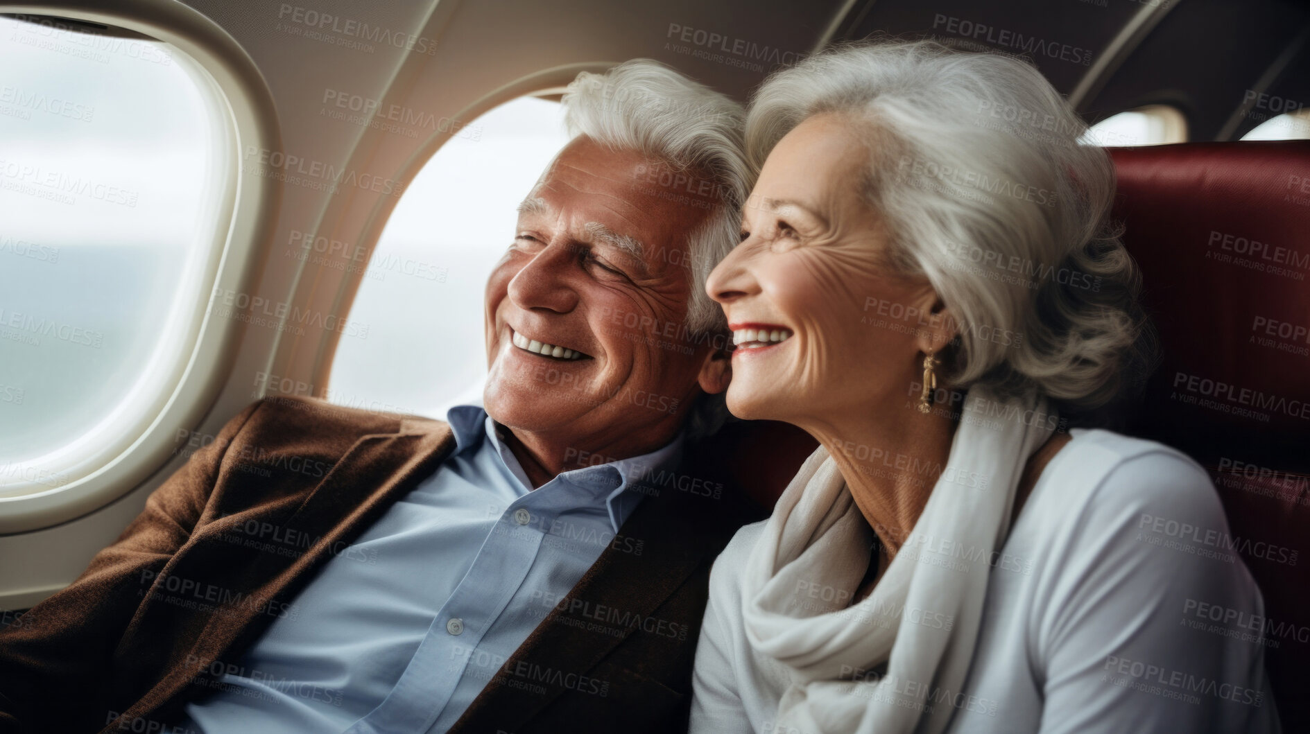 Buy stock photo Mature couple on first class private jet. Luxury vacation travel concept.