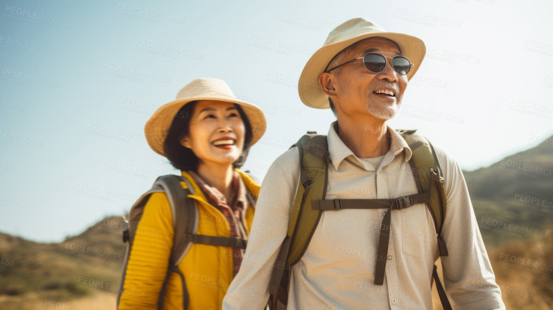 Buy stock photo Senior couple hiking travel lifestyle. Healthy active retirement on vacation