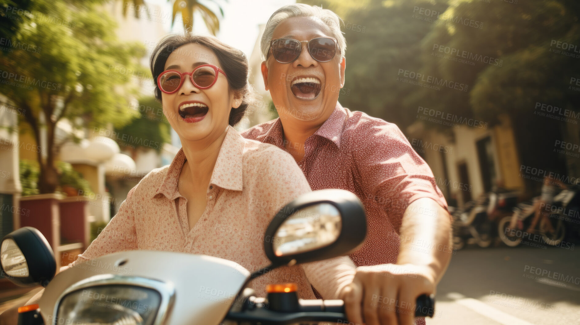 Buy stock photo Happy retired senior couple on scooter. Fun travel explore activity