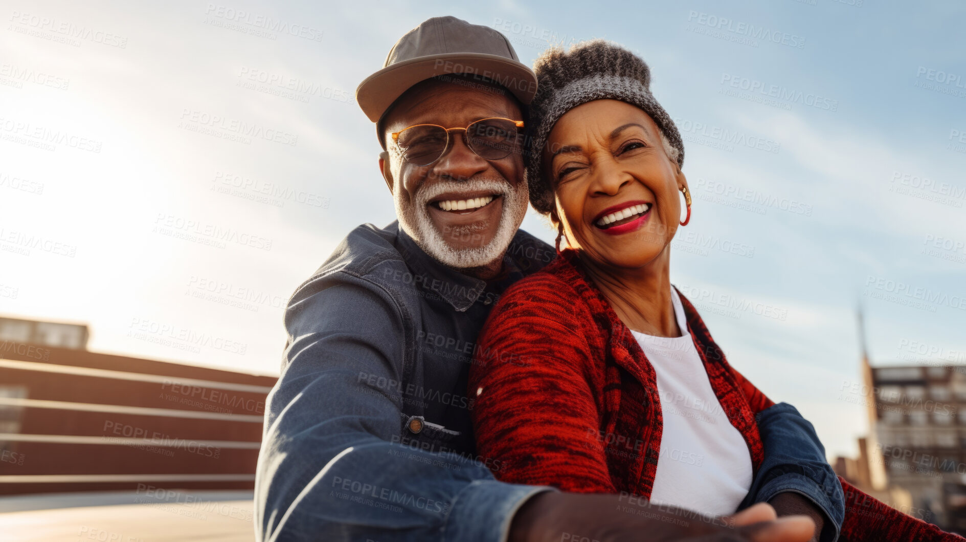 Buy stock photo Happy retired senior couple in city. Fun travel explore activity