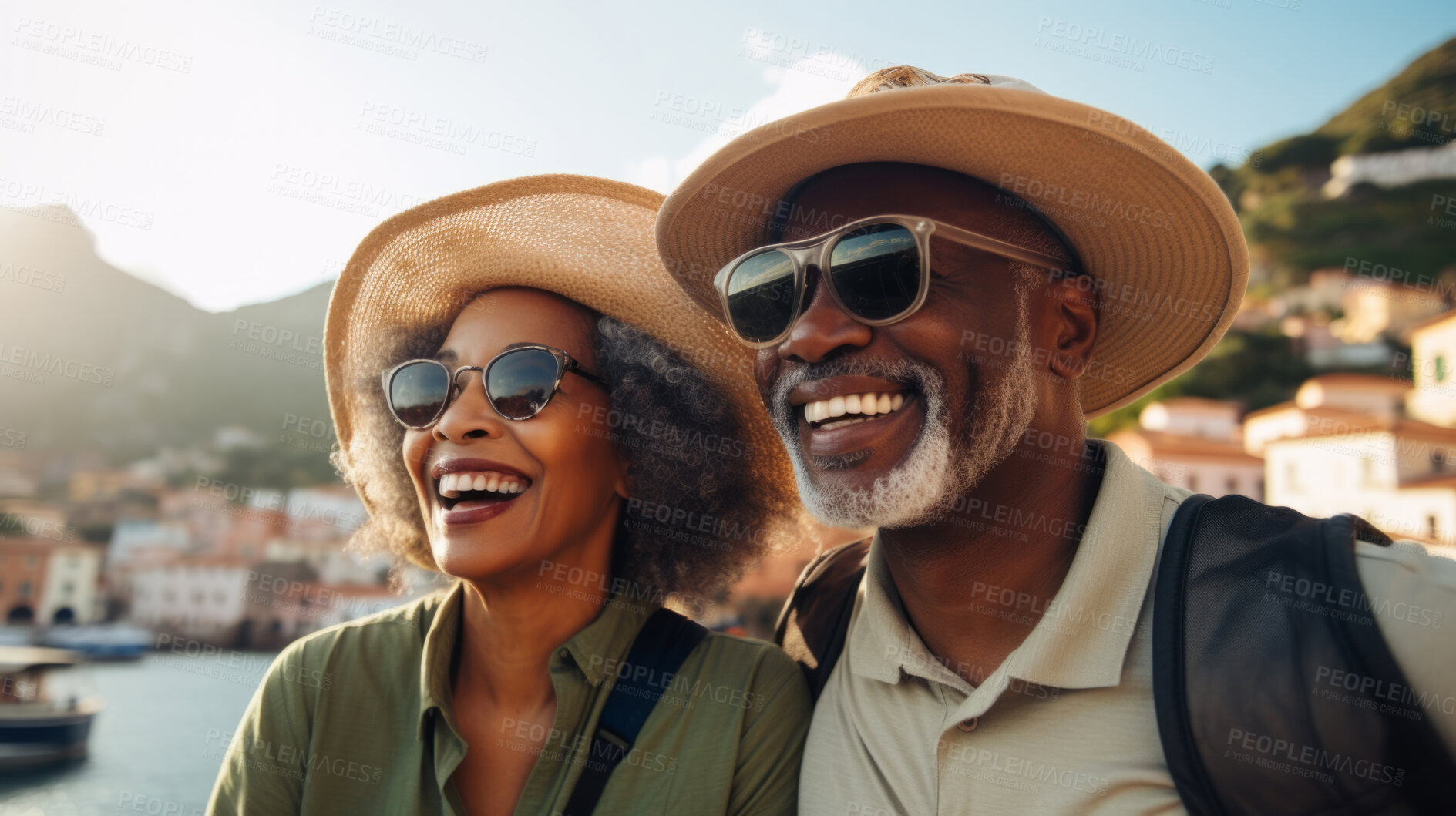 Buy stock photo Happy retired senior couple in city. Fun travel explore activity