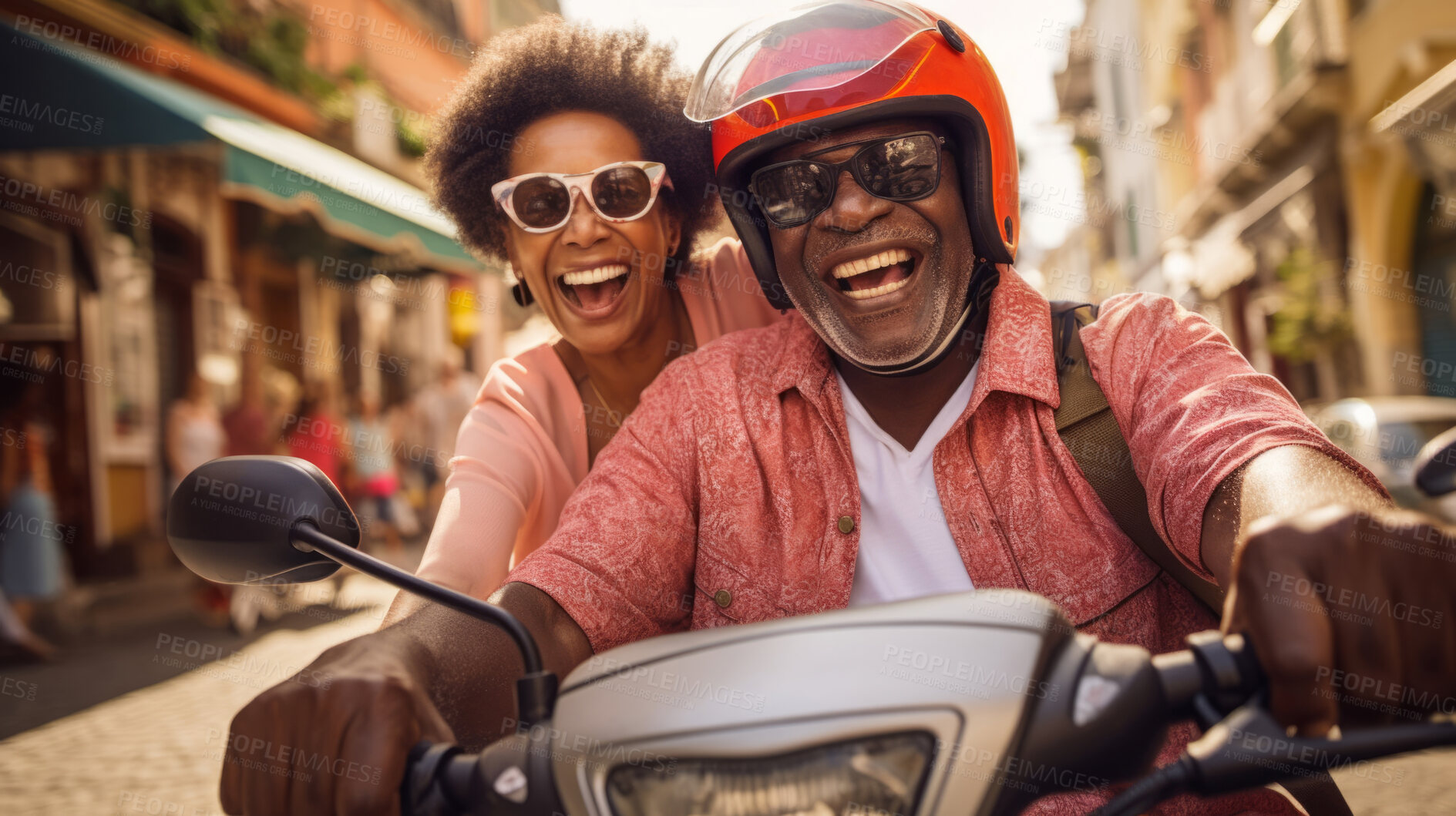 Buy stock photo Happy retired senior couple on scooter. Fun travel explore activity