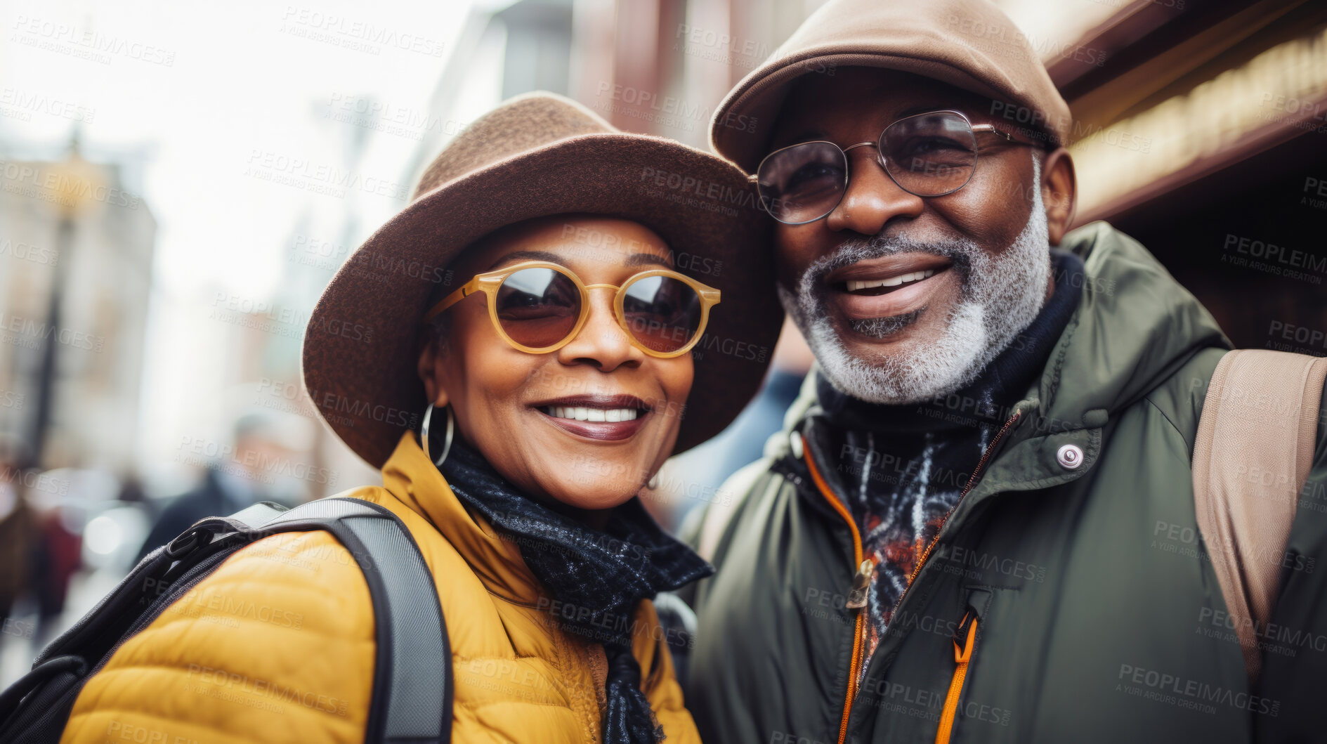 Buy stock photo Happy retired senior couple in city. Fun travel explore activity