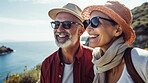 Senior couple hiking travel lifestyle. Healthy active retirement on vacation