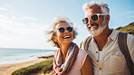 Senior couple hiking travel lifestyle. Healthy active retirement on vacation