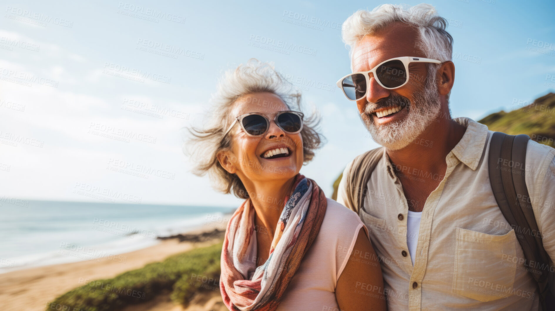 Buy stock photo Senior couple hiking travel lifestyle. Healthy active retirement on vacation