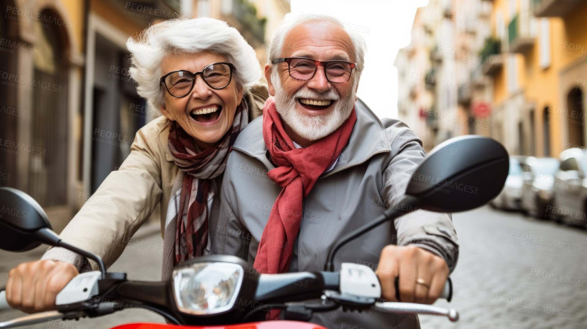 Buy stock photo Happy retired senior couple on scooter. Fun travel explore activity