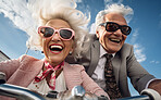 Happy retired senior couple on scooter. Fun travel explore activity