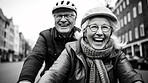 Happy retired senior couple on scooter. Fun travel explore activity