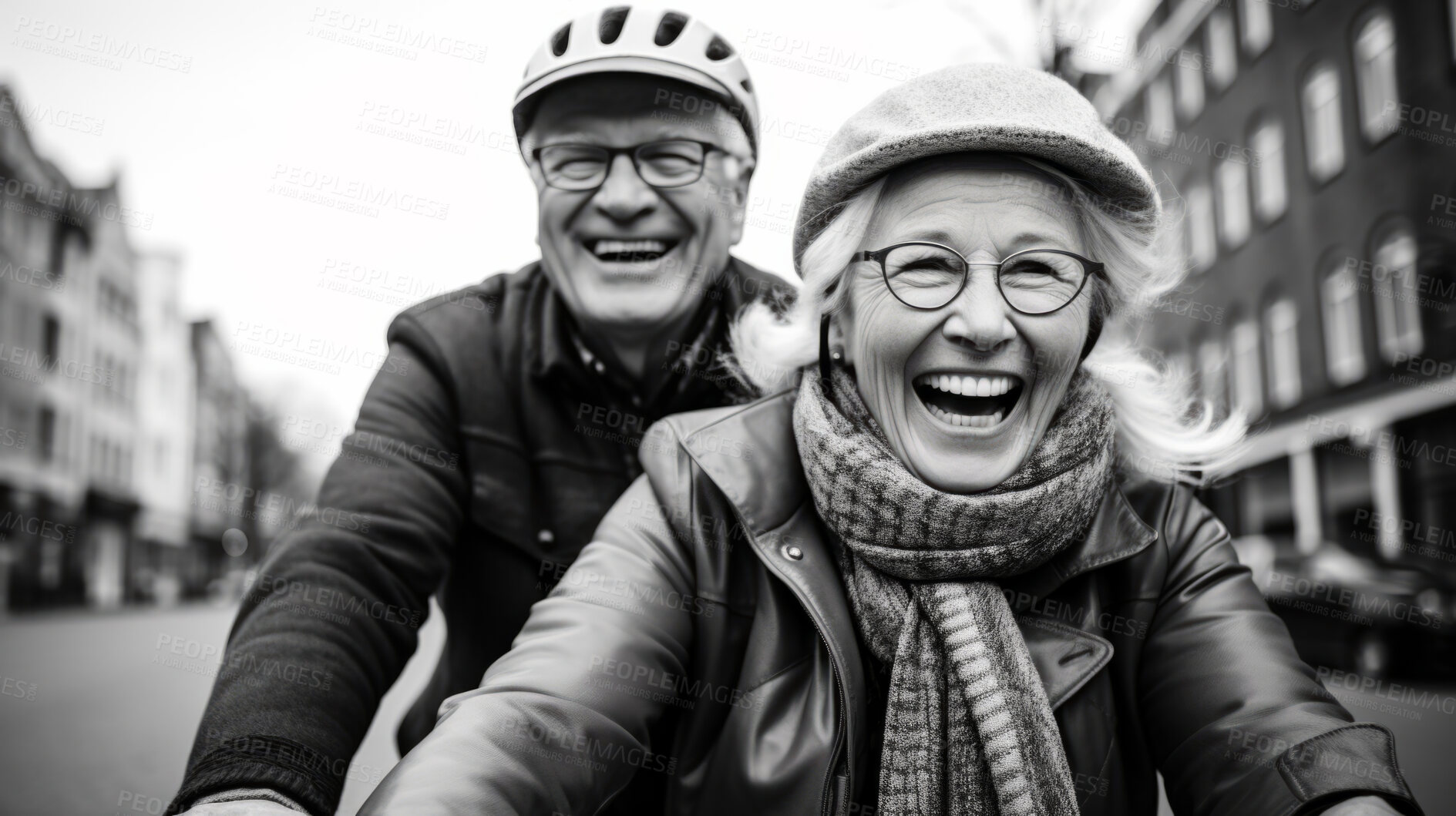 Buy stock photo Happy retired senior couple on scooter. Fun travel explore activity