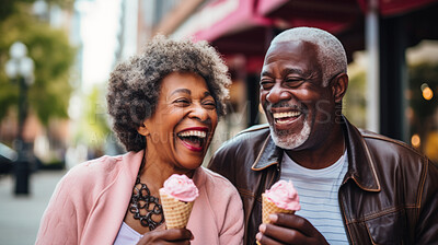 Buy stock photo Happy retired senior couple with icecream in city. Fun travel activity