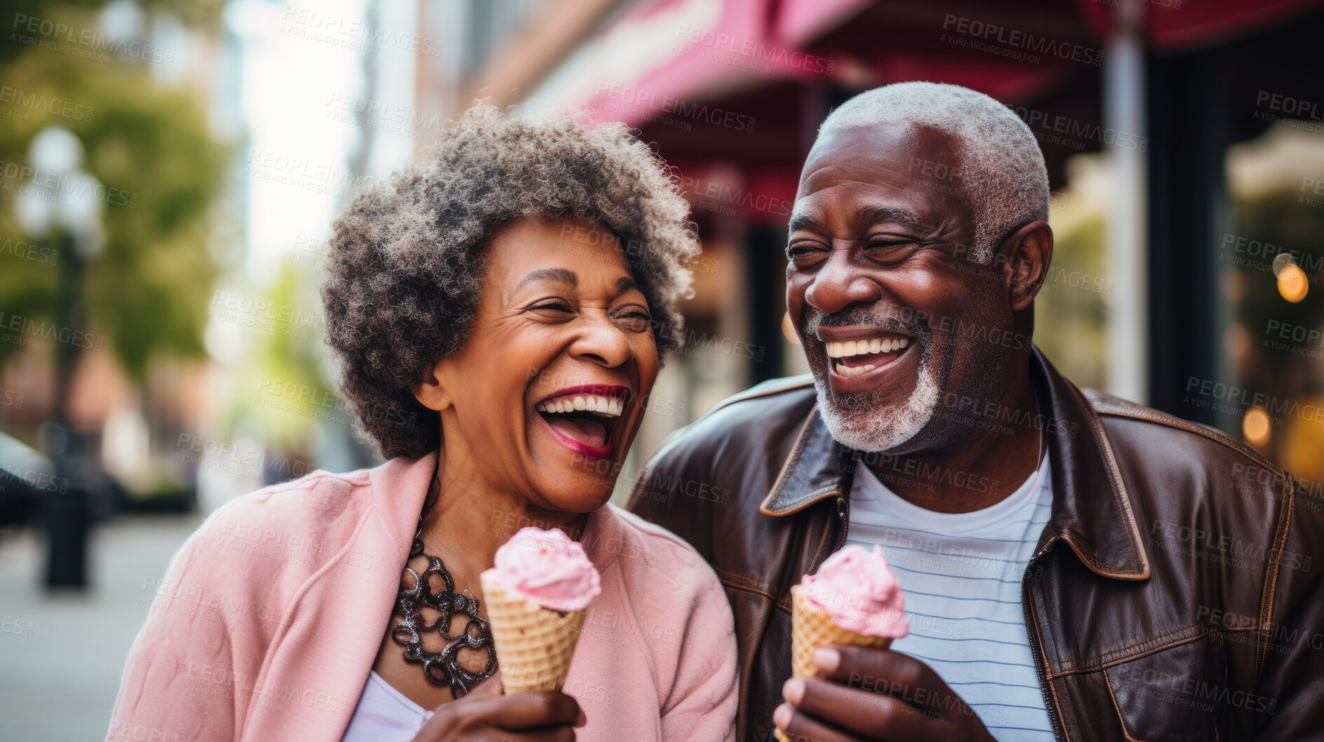 Buy stock photo Happy retired senior couple with icecream in city. Fun travel activity