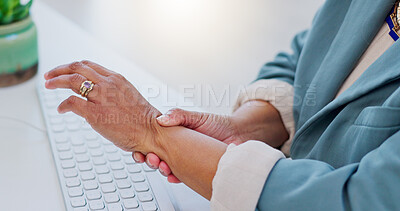 Computer keyboard, hands and business person with carpal tunnel syndrome, pain or closeup wrist strain. Arthritis risk, emergency crisis and professional worker sore from typing, injury or problem