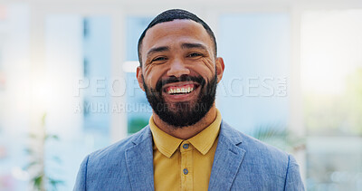 Face, happy and office business man, designer or creative agent smile for startup company success, growth or brand. Portrait, happiness and professional person, consultant or employee of design firm