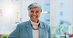 Happy senior woman, laughing and confidence for small business leadership or management at office. Portrait of confident elderly female person, manager or CEO with smile for funny humor at workplace
