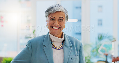 Happy senior woman, laughing and confidence for small business leadership or management at office. Portrait of confident elderly female person, manager or CEO with smile for funny humor at workplace