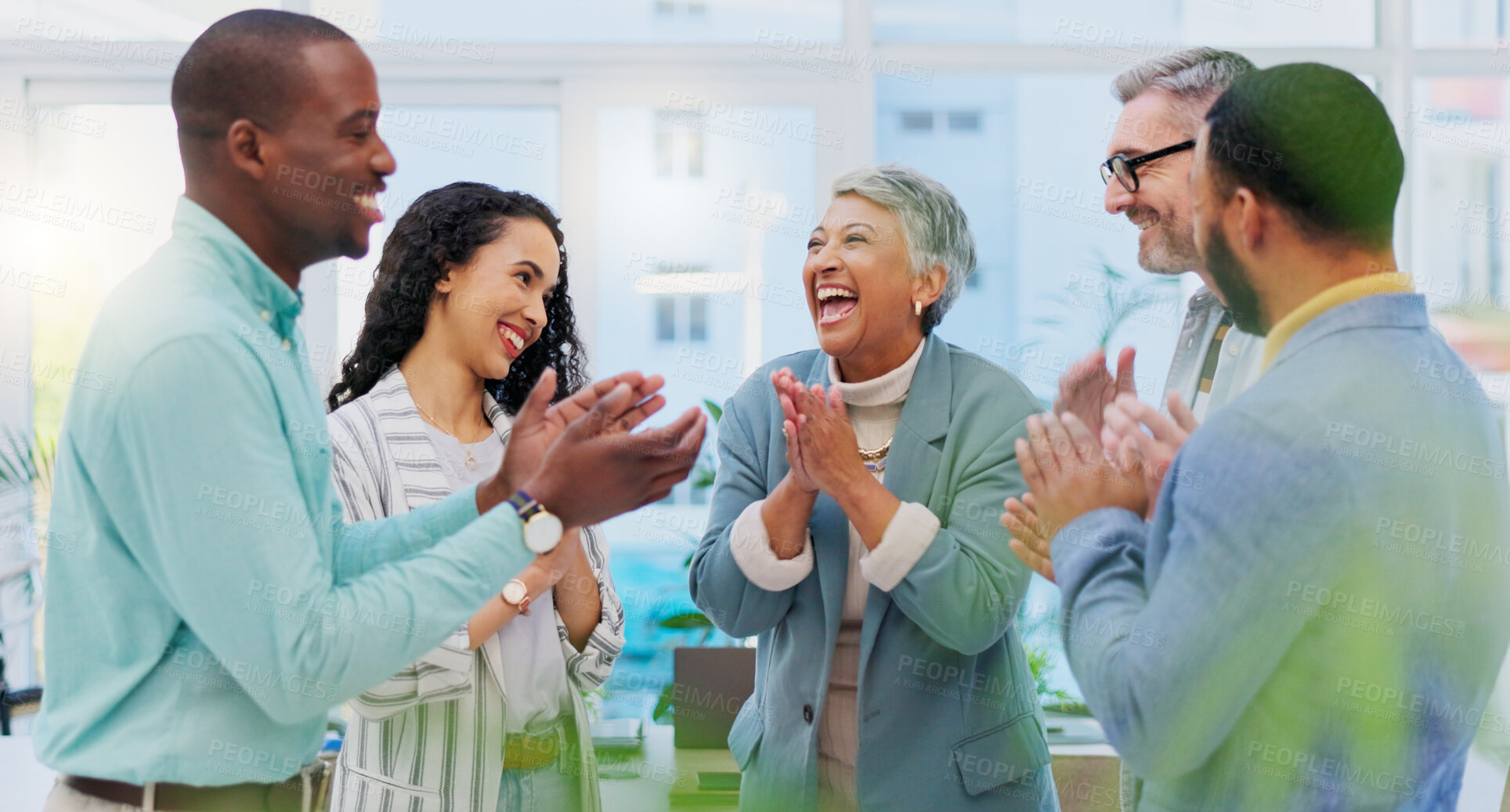 Buy stock photo Creative people, meeting and applause in celebration for winning, team achievement or unity at the office. Group of happy employees clapping in success for teamwork, promotion or startup at workplace