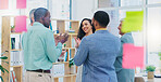 Creative people, meeting and applause in celebration for winning, team achievement or unity at the office. Group of happy employees clapping in success for teamwork, promotion or startup at workplace