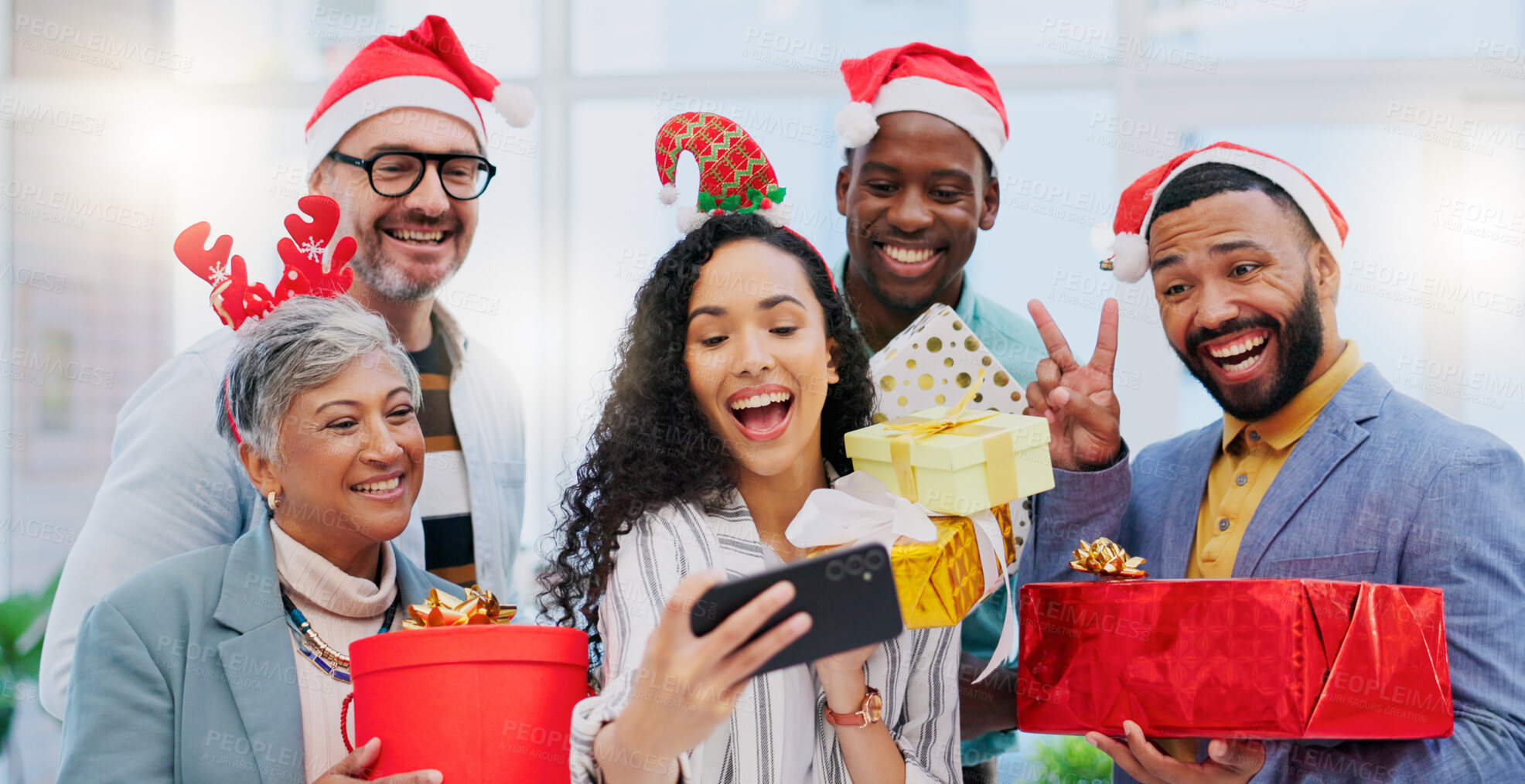 Buy stock photo Creative group, Christmas and selfie for party celebration, festive season or December holiday at office. Happy people or employees smile at work event for gifts, surprise or photo in memory and vlog