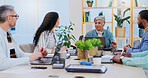 Meeting, planning and business people in discussion with ideas for project, marketing strategy and startup. Teamwork, collaboration and men and women in office for task, proposal and brainstorming