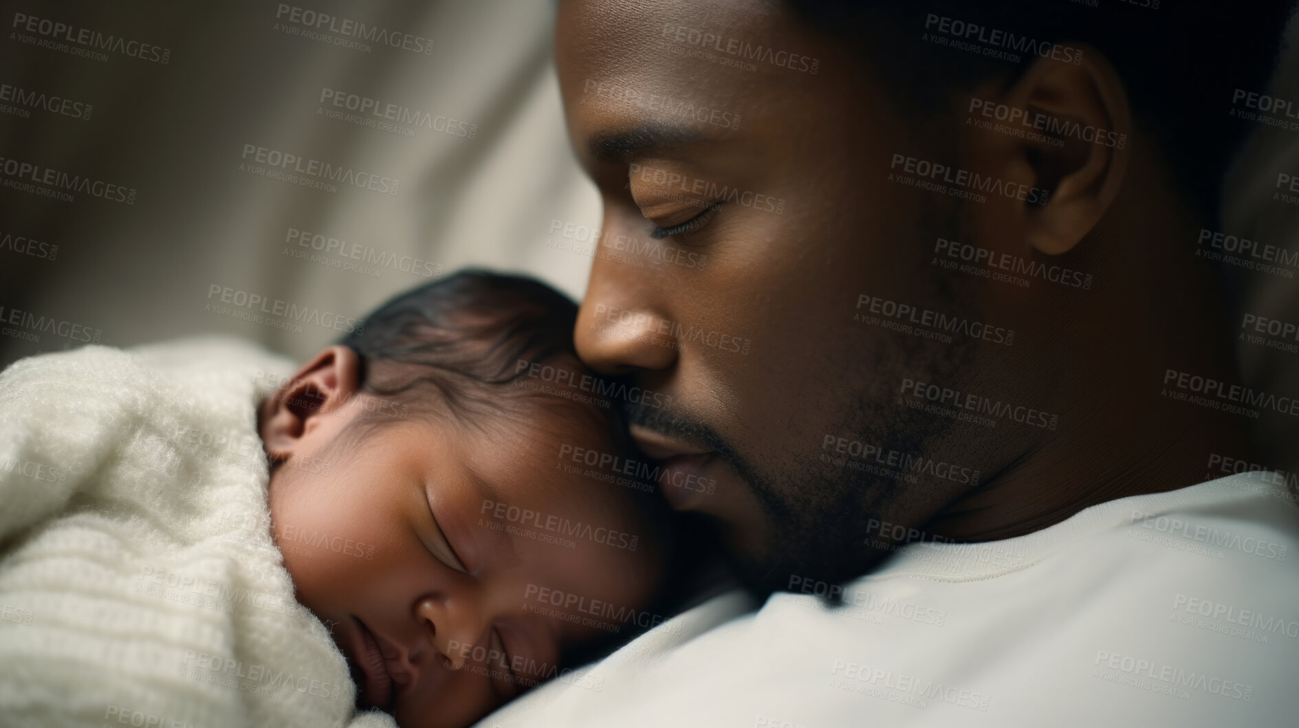 Buy stock photo Father holding a newborn baby in his arms. Young man cuddling his sleeping baby