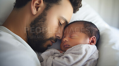 Buy stock photo Father holding a newborn baby in his arms. Young man cuddling his sleeping baby