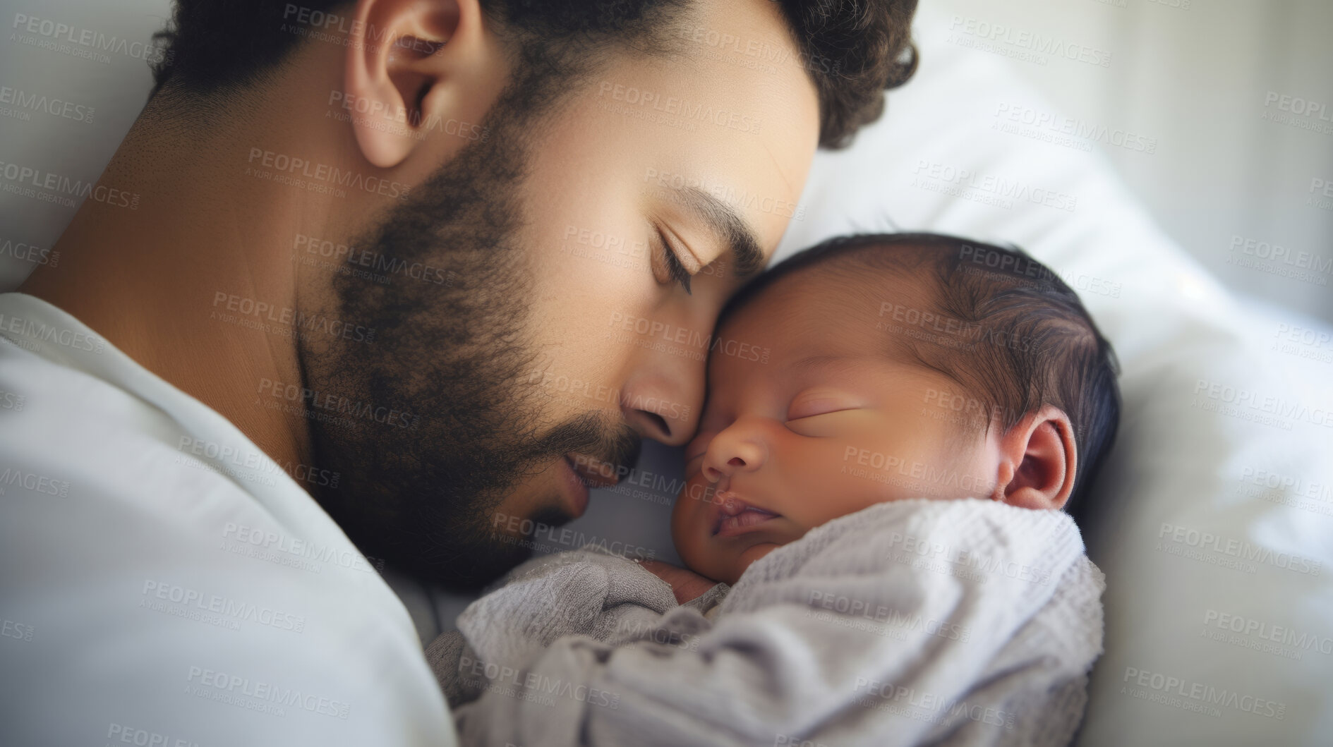 Buy stock photo Father holding a newborn baby in his arms. Young man cuddling his sleeping baby