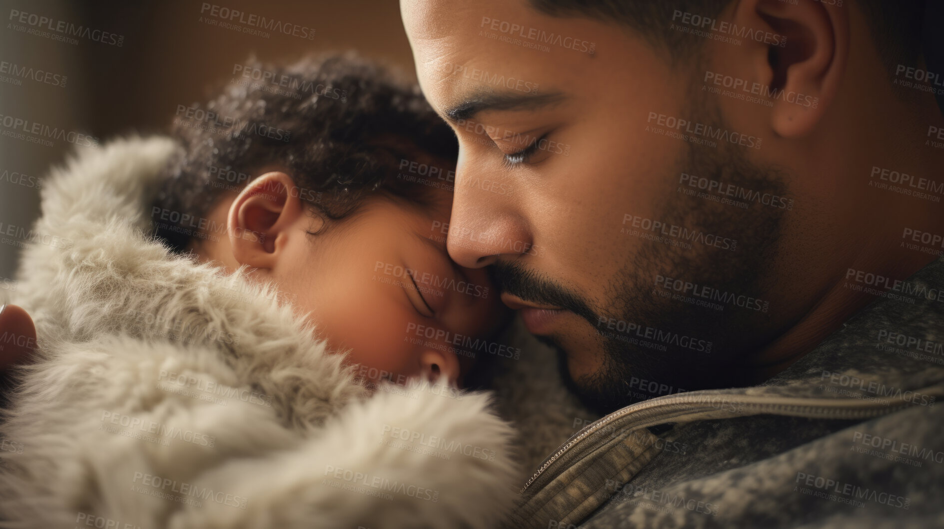 Buy stock photo Father holding a newborn baby in his arms. Young man cuddling his sleeping baby