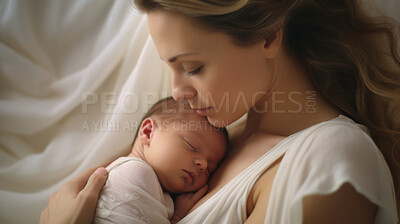 Buy stock photo Mother holding a newborn baby in her arms. Young woman cuddling her sleeping baby