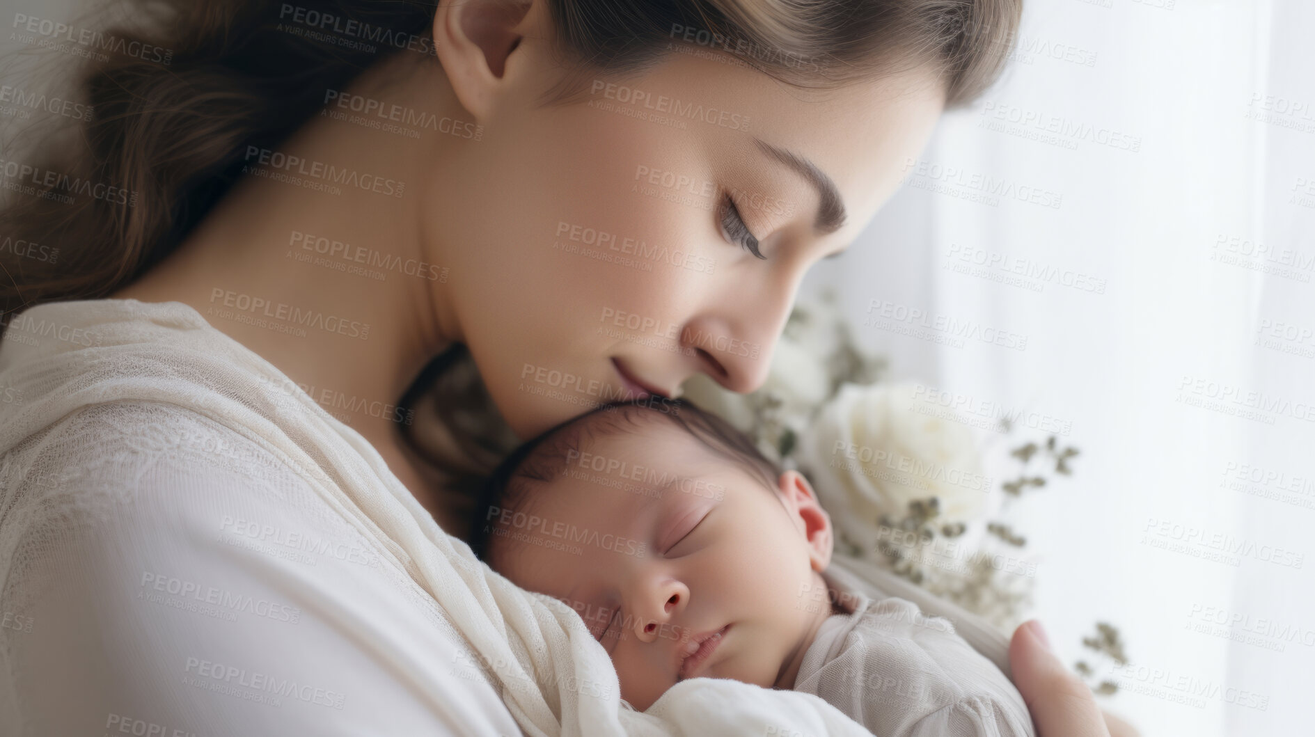 Buy stock photo Mother holding a newborn baby in her arms. Young woman cuddling her sleeping baby