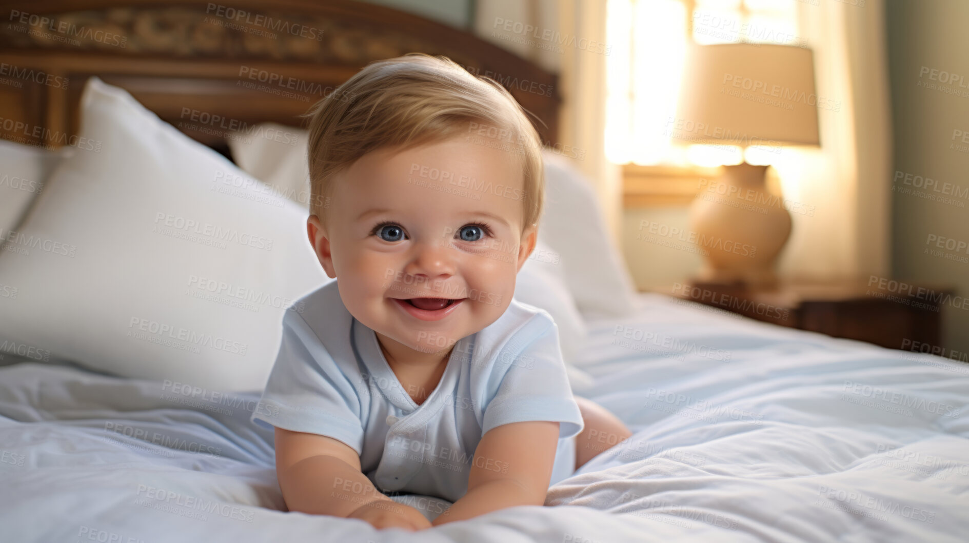 Buy stock photo Toddler smiling while sitting on bed with a toy. Portrait of a happy and cheerful baby