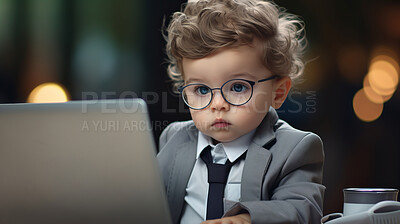 Buy stock photo Toddler boy dressed as a business man. Young boy with a laptop computer.