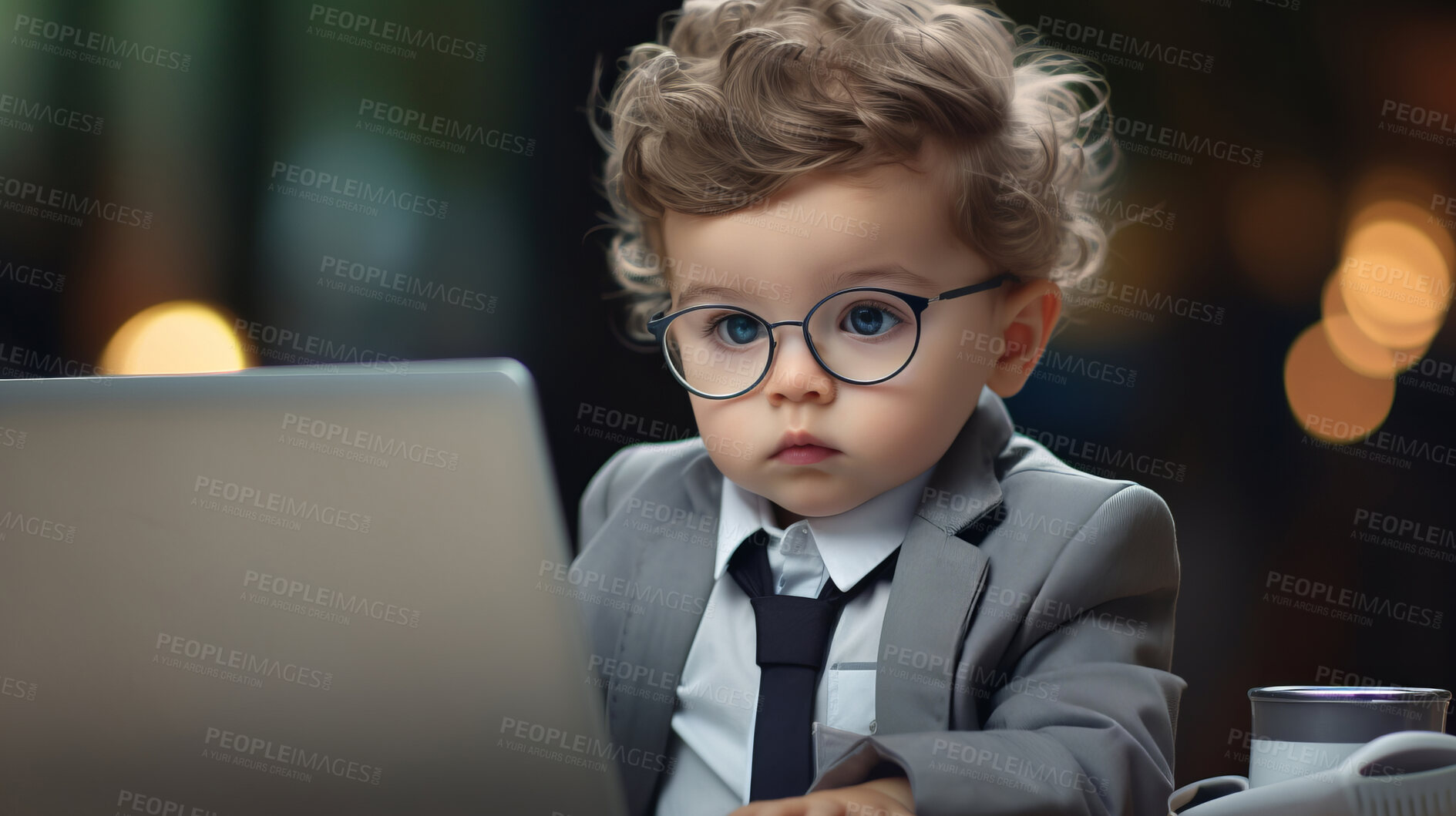 Buy stock photo Toddler boy dressed as a business man. Young boy with a laptop computer.