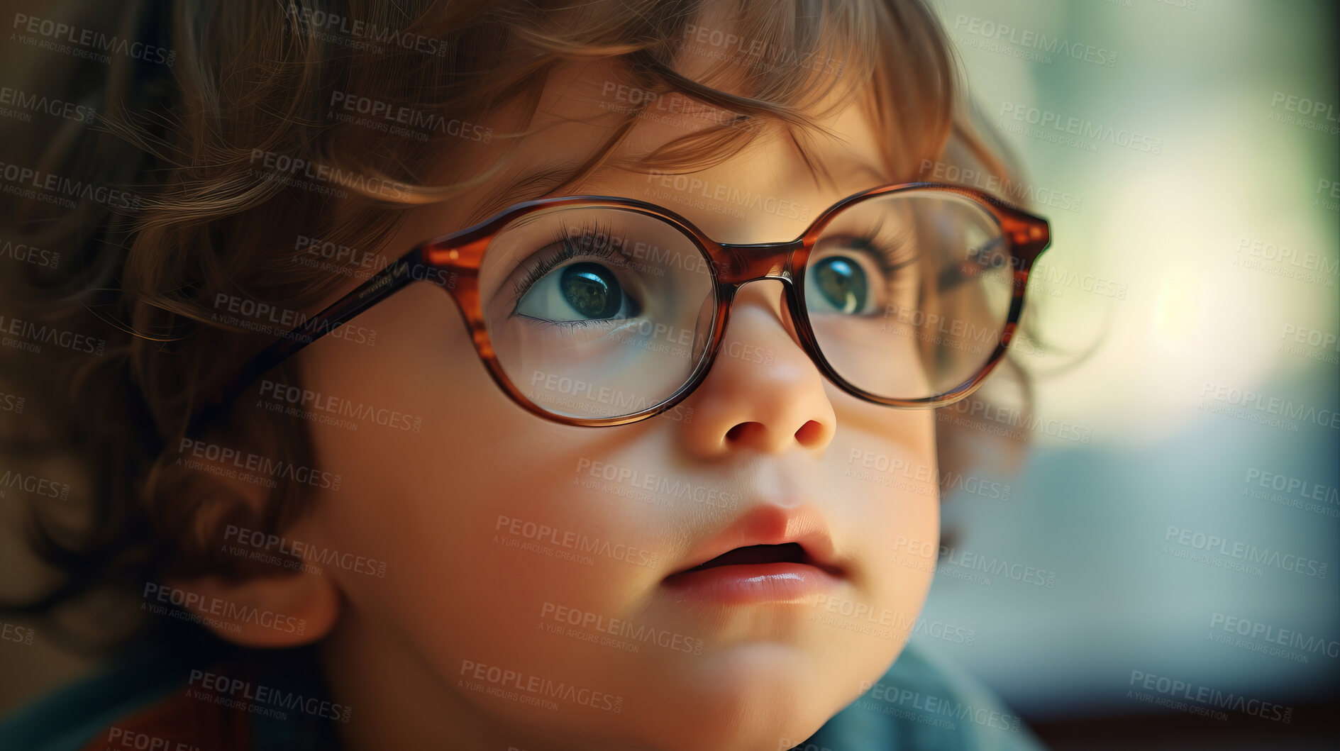 Buy stock photo Portrait of toddler boy wearing glasses. Poor eyesight or bad vision for optometry