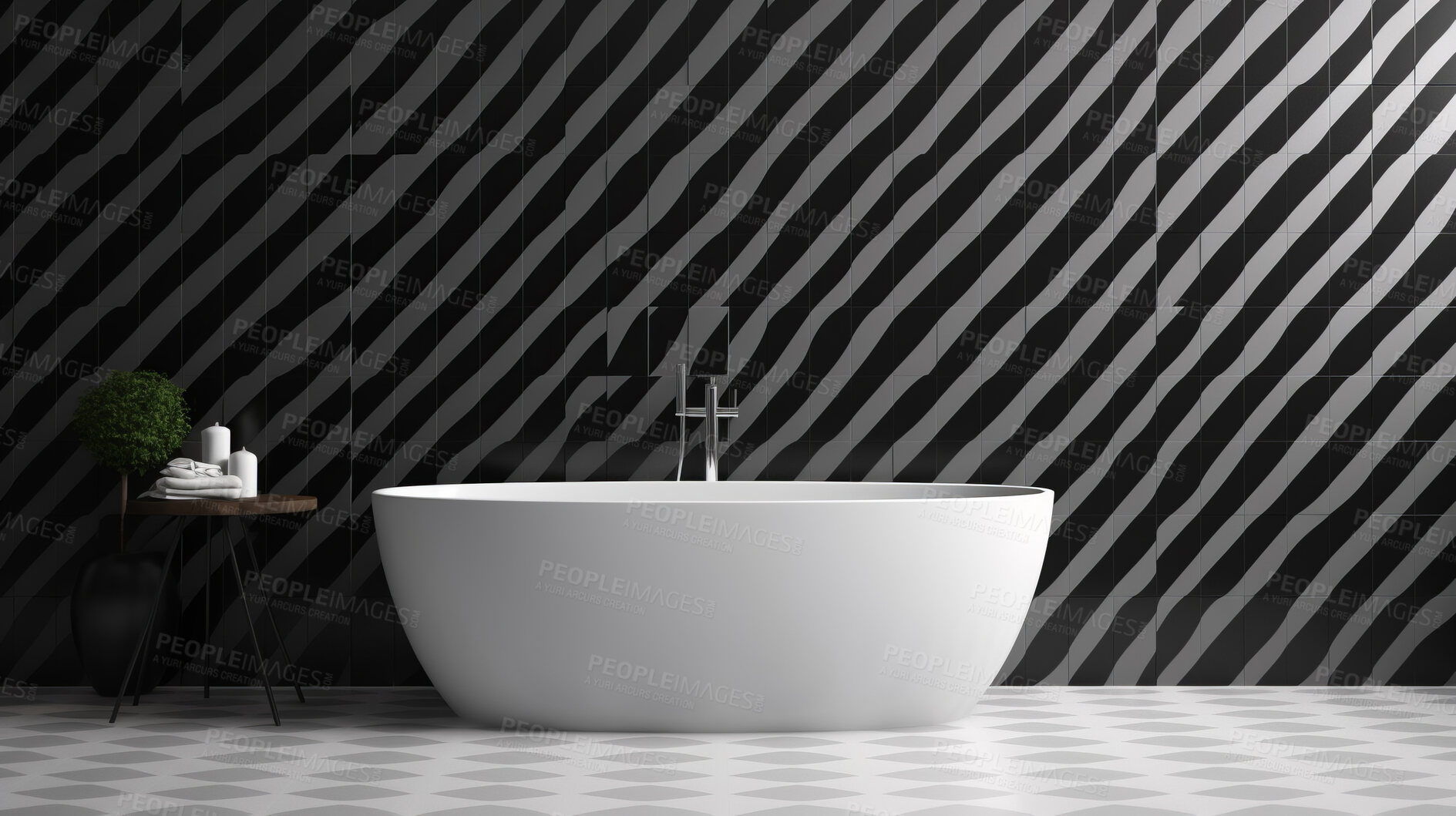 Buy stock photo Black ceramic tile wall with bathtub background. Design wallpaper copyspace