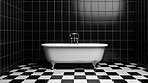 Black ceramic tile wall with bathtub background. Design wallpaper copyspace