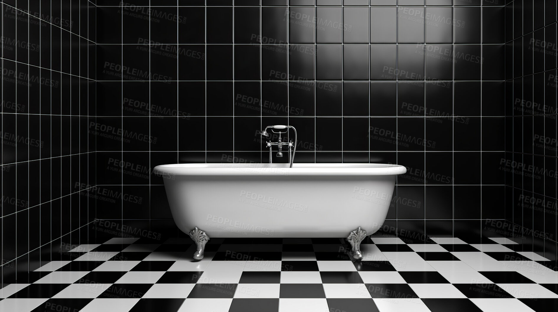 Buy stock photo Black ceramic tile wall with bathtub background. Design wallpaper copyspace