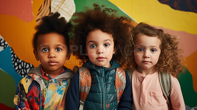 Buy stock photo Portrait of diverse toddlers posing against a colorful wall at kindergarten or preschool