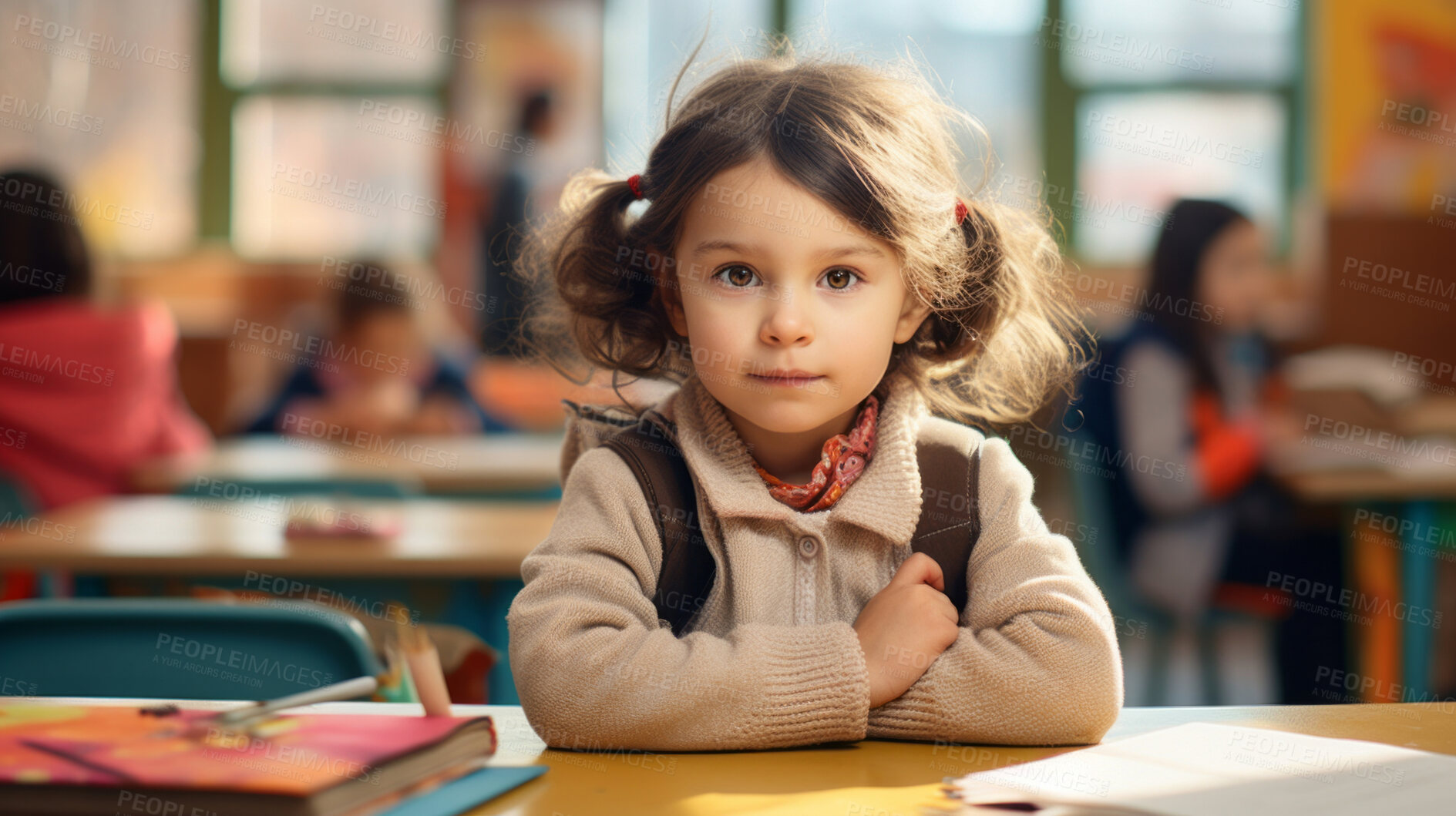 Buy stock photo Portrait of a toddler girl sitting at a desk at kindergarten. Preschool and eduction